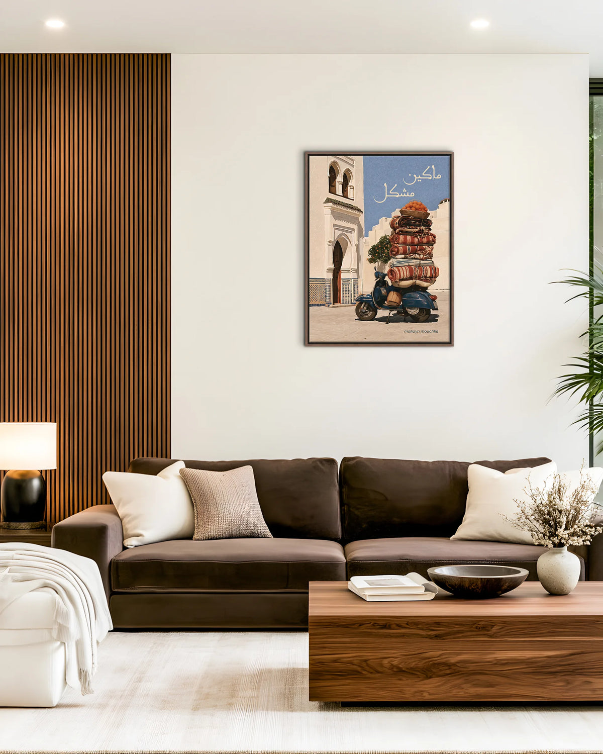 Everything's Fine – The Overloaded Scooter framed canvas print, ambiance shot in a styled interior