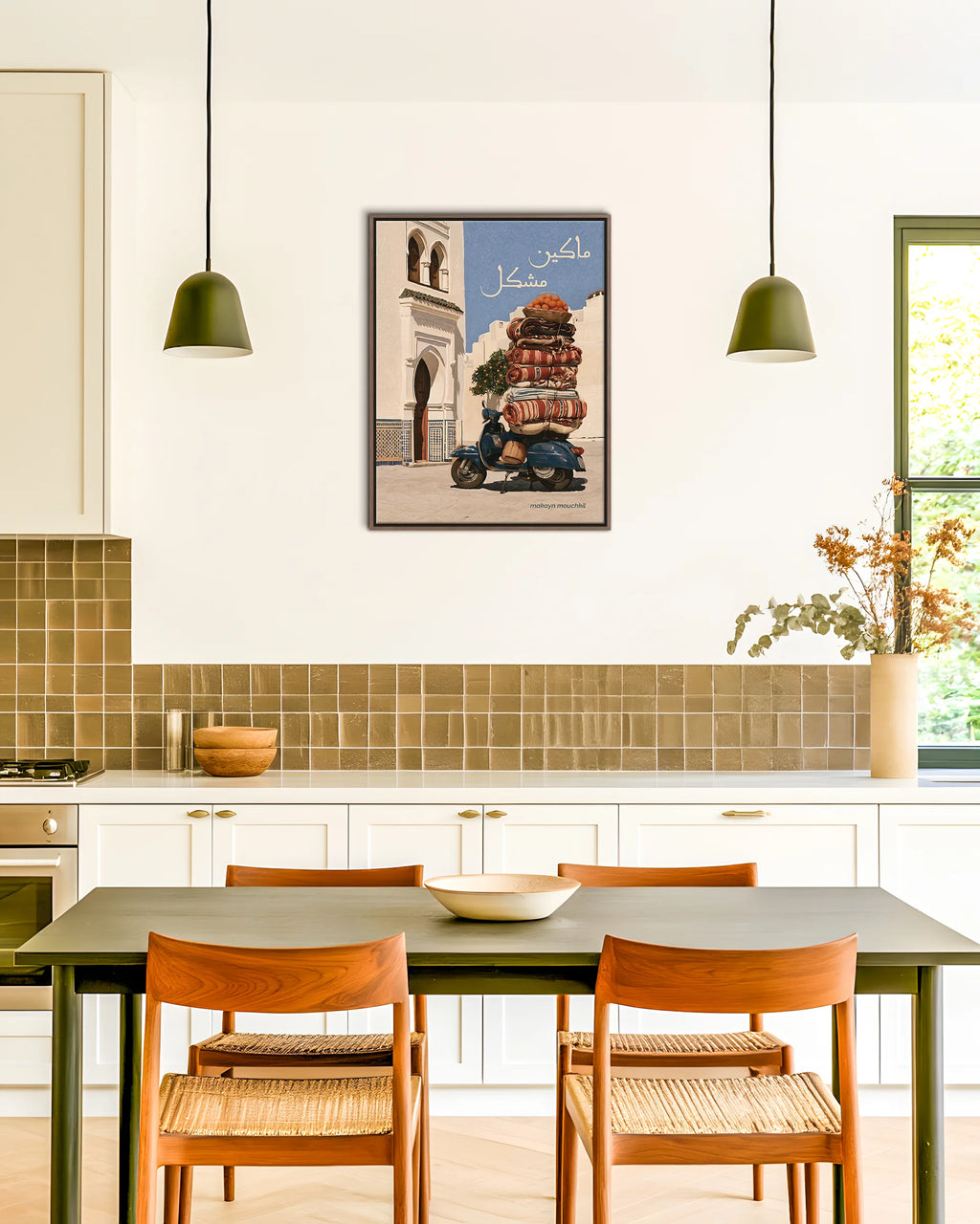 Everything's Fine – The Overloaded Scooter framed canvas print, ambiance shot in a styled interior