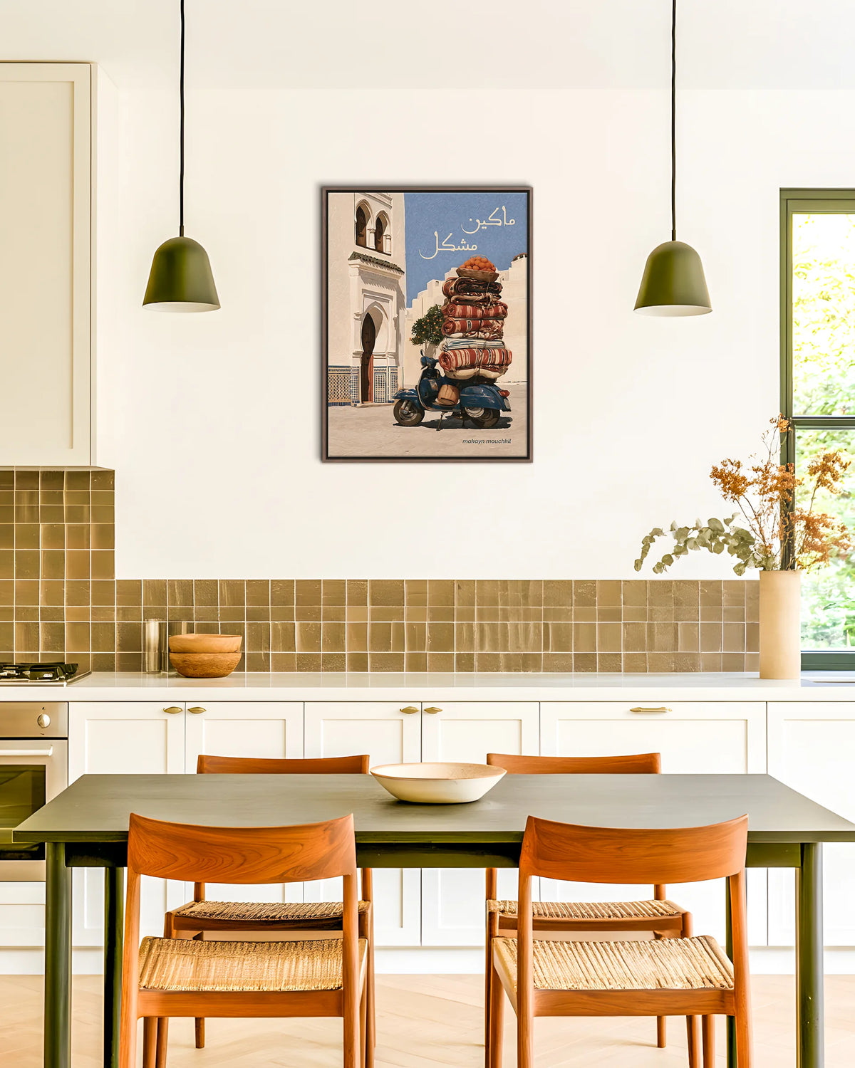 Everything's Fine – The Overloaded Scooter framed canvas print, ambiance shot in a styled interior