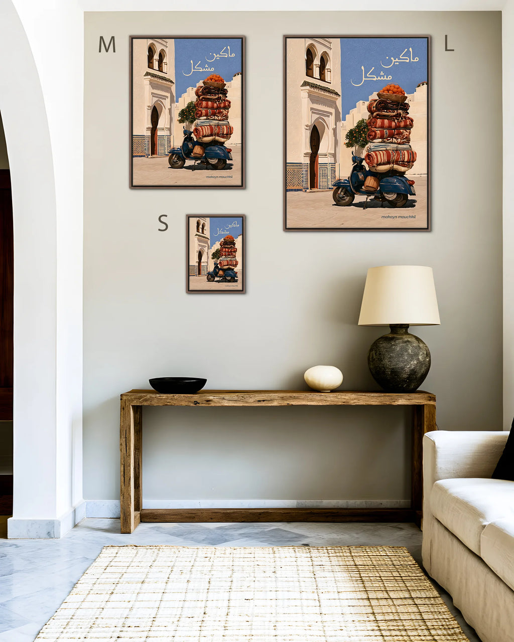 Size guide for Everything's Fine – The Overloaded Scooter framed canvas print, sizes S, M and L