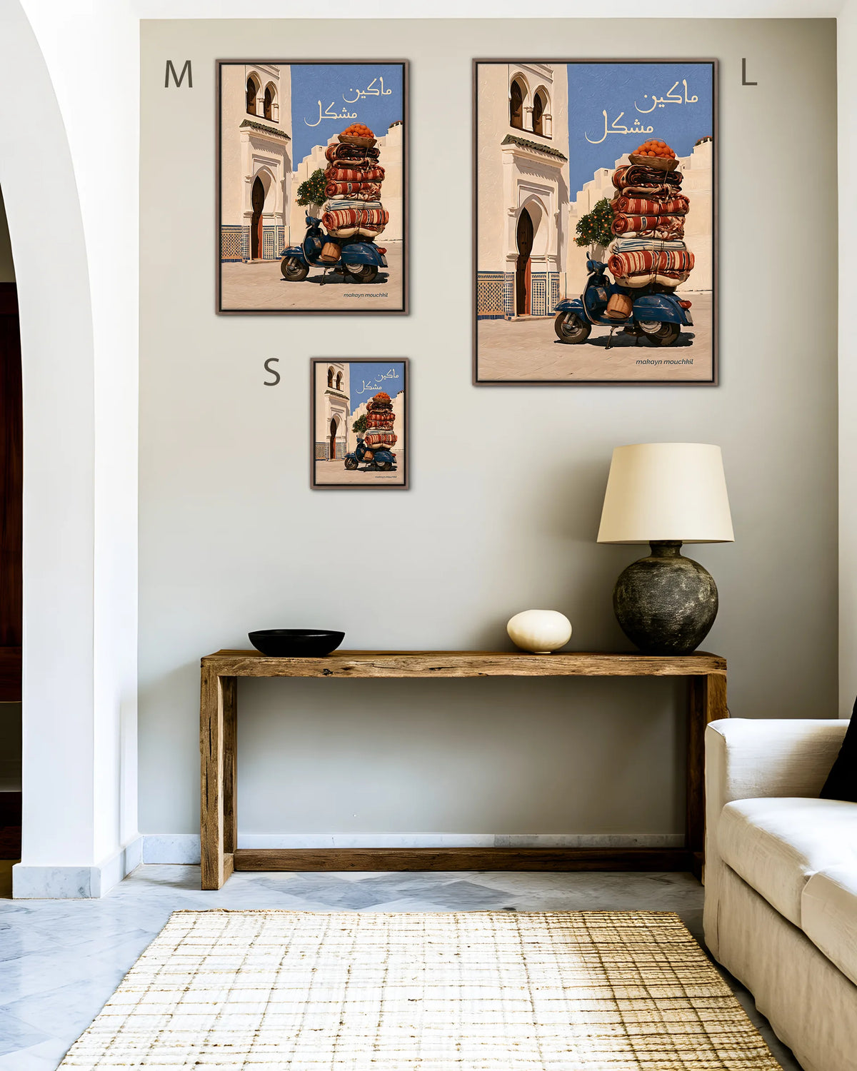 Size guide for Everything's Fine – The Overloaded Scooter framed canvas print, sizes S, M and L