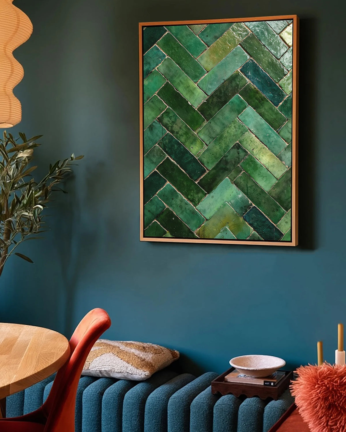 Zellige – Emerald Chevron framed canvas print, ambiance shot in a styled interior