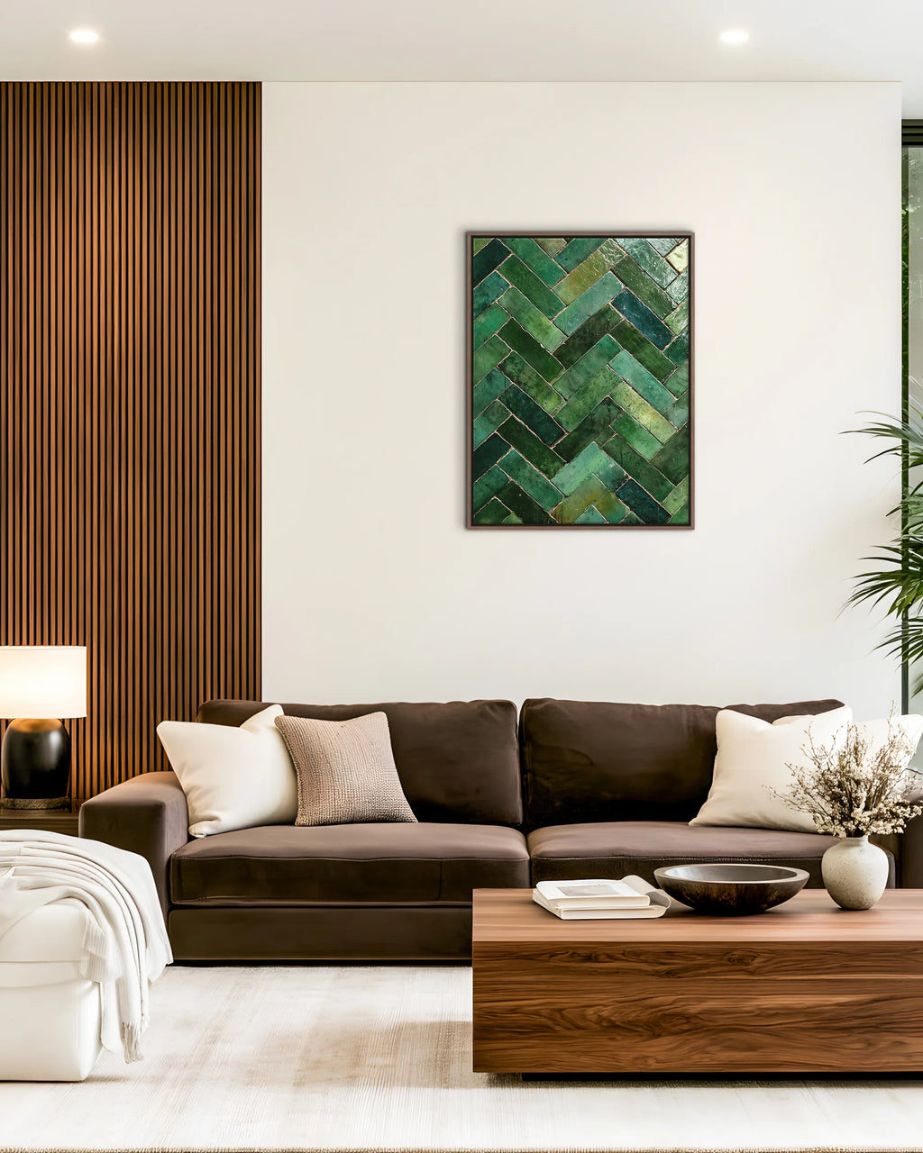Zellige – Emerald Chevron framed canvas print, ambiance shot in a styled interior