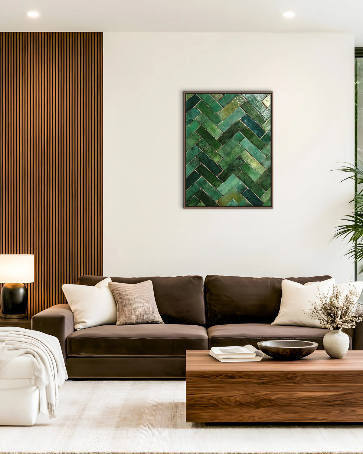 Zellige – Emerald Chevron framed canvas print, ambiance shot in a styled interior