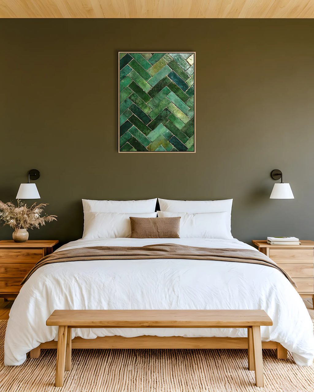 Zellige – Emerald Chevron framed canvas print, ambiance shot in a styled interior