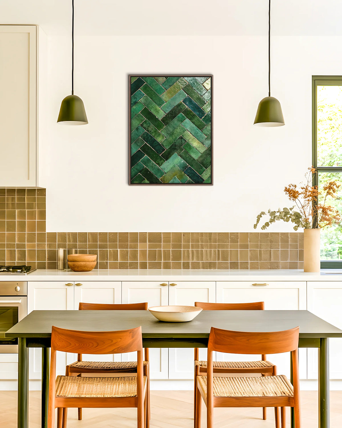 Zellige – Emerald Chevron framed canvas print, ambiance shot in a styled interior