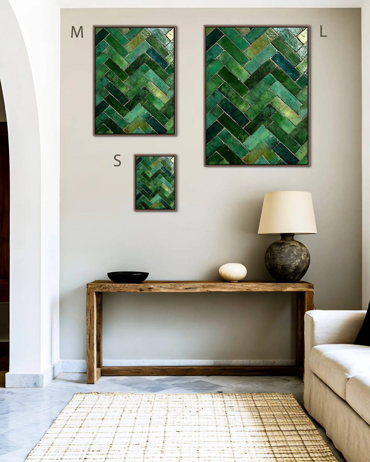 Size guide for Zellige – Emerald Chevron framed canvas print, sizes S, M and L