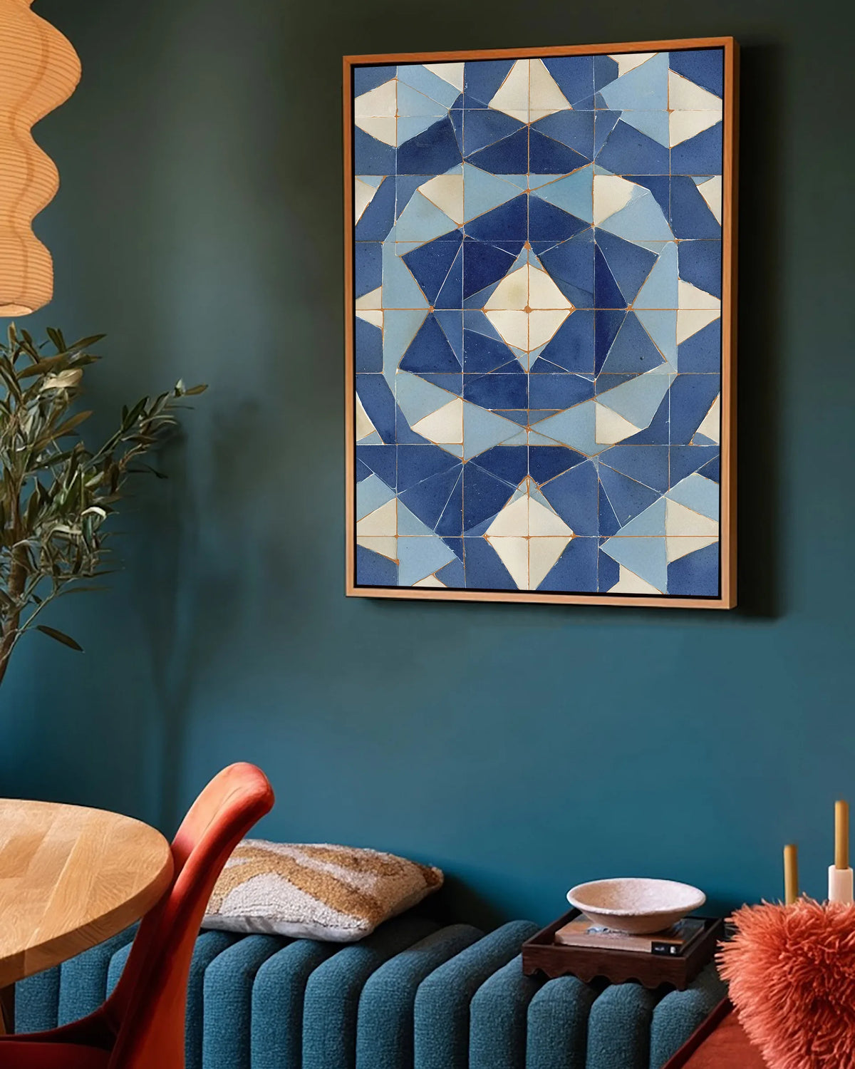 Zellige – Blue Geometric Star framed canvas print, ambiance shot in a styled interior