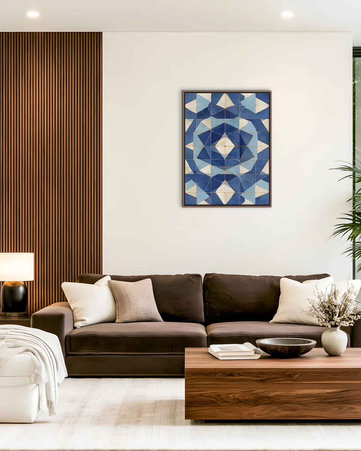 Zellige – Blue Geometric Star framed canvas print, ambiance shot in a styled interior