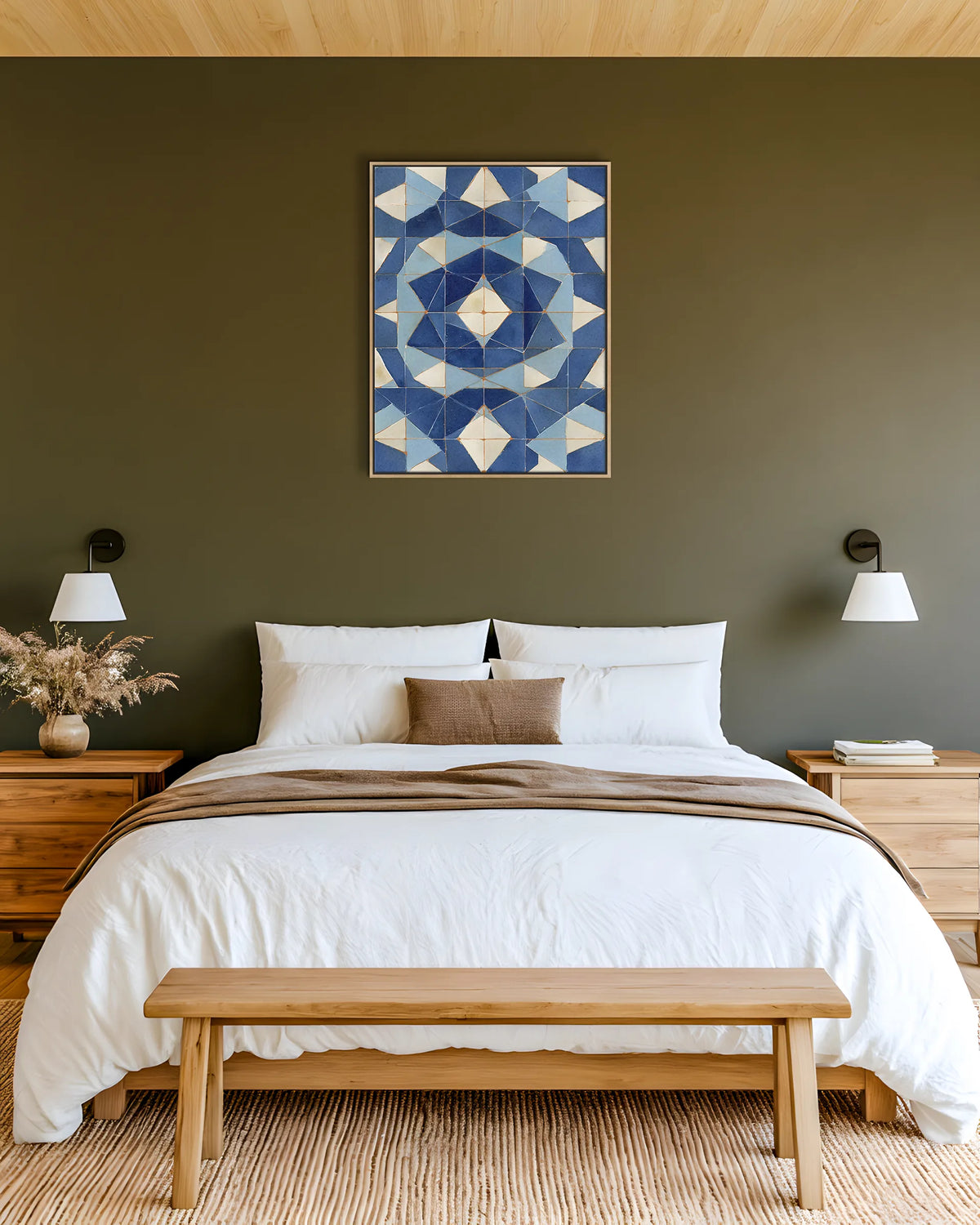 Zellige – Blue Geometric Star framed canvas print, ambiance shot in a styled interior