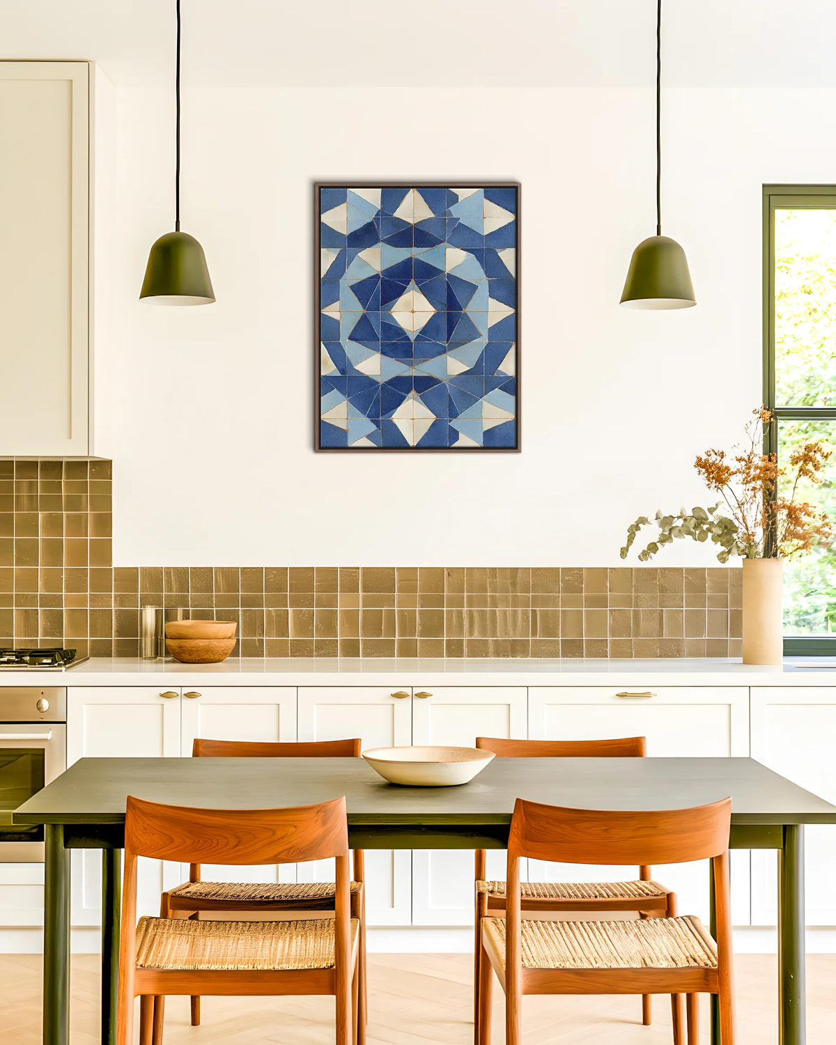 Zellige – Blue Geometric Star framed canvas print, ambiance shot in a styled interior