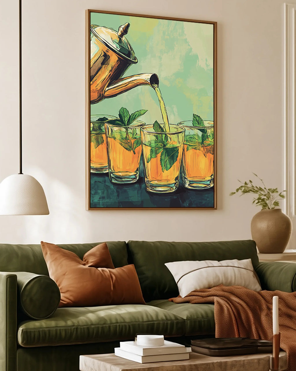 Atay – Amber and Mint Tea framed canvas print, ambiance shot in a styled interior