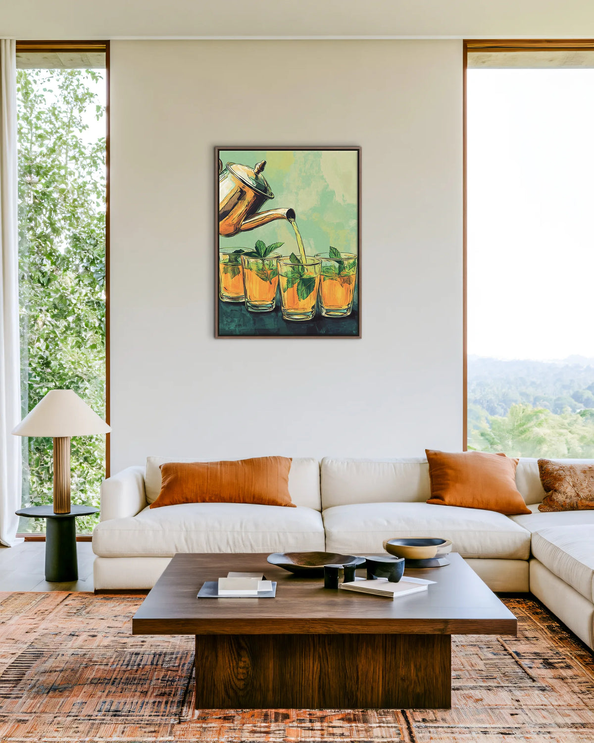 Atay – Amber and Mint Tea framed canvas print, ambiance shot in a styled interior