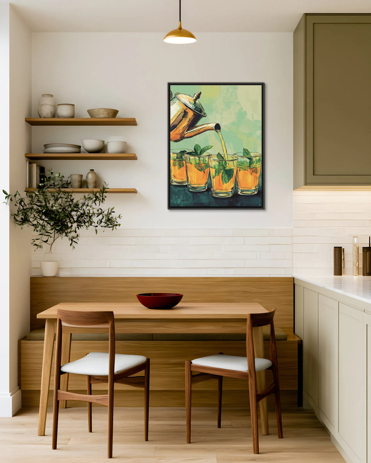 Atay – Amber and Mint Tea framed canvas print, ambiance shot in a styled interior