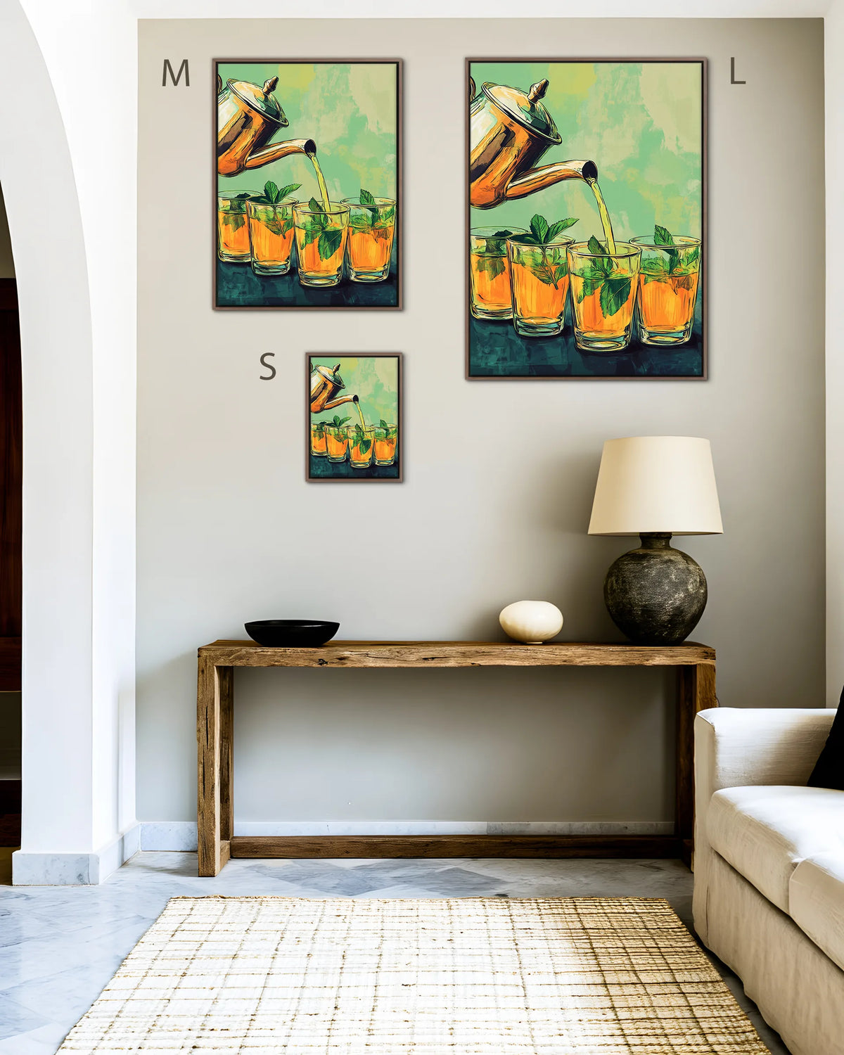 Size guide for Atay – Amber and Mint Tea framed canvas print, sizes S, M and L