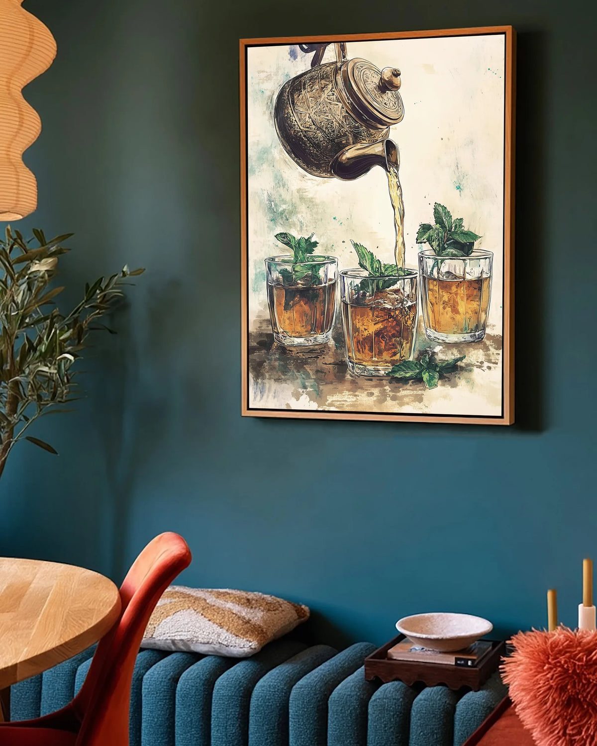 Atay – Watercolour Tea framed canvas print, ambiance shot in a styled interior