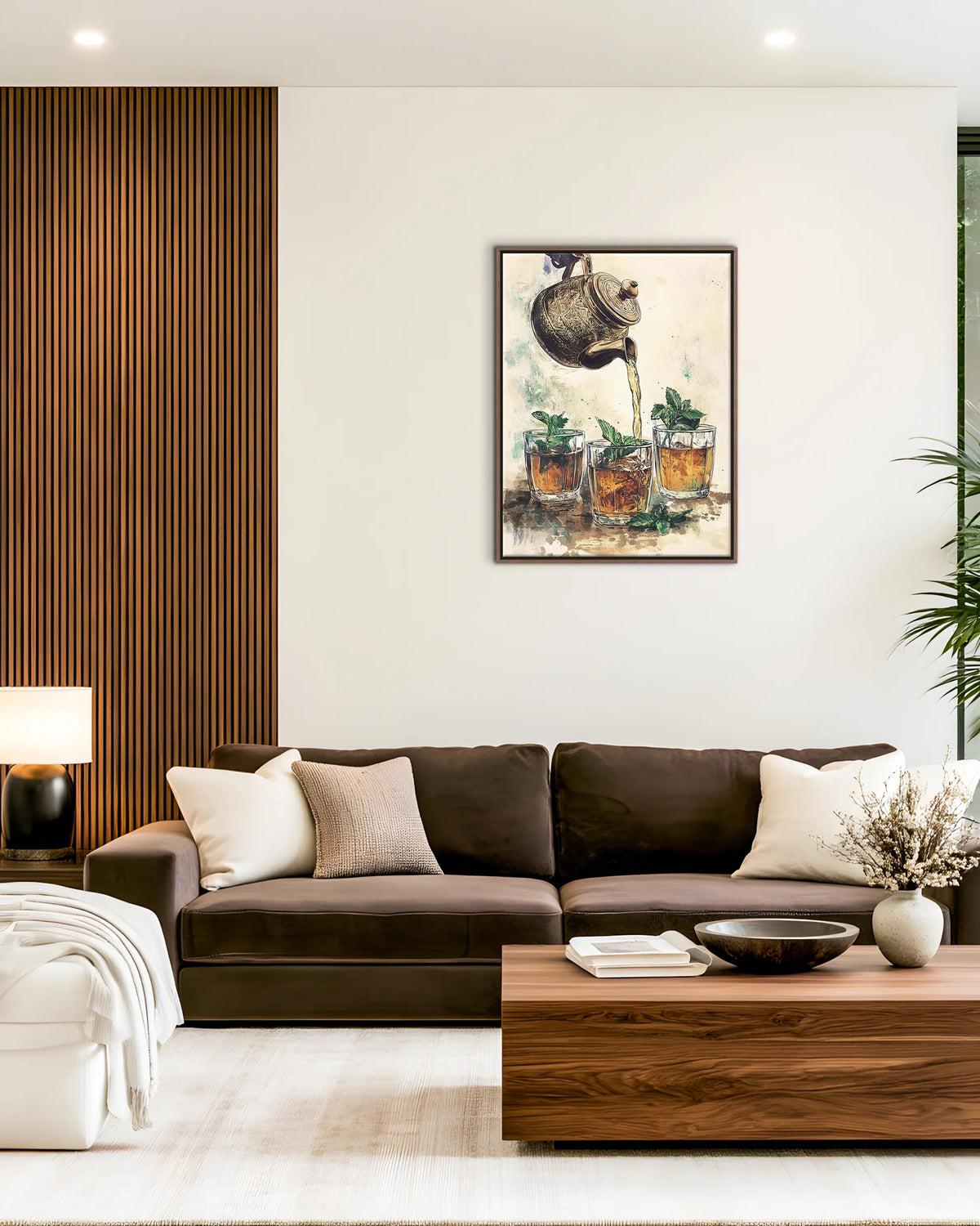 Atay – Watercolour Tea framed canvas print, ambiance shot in a styled interior