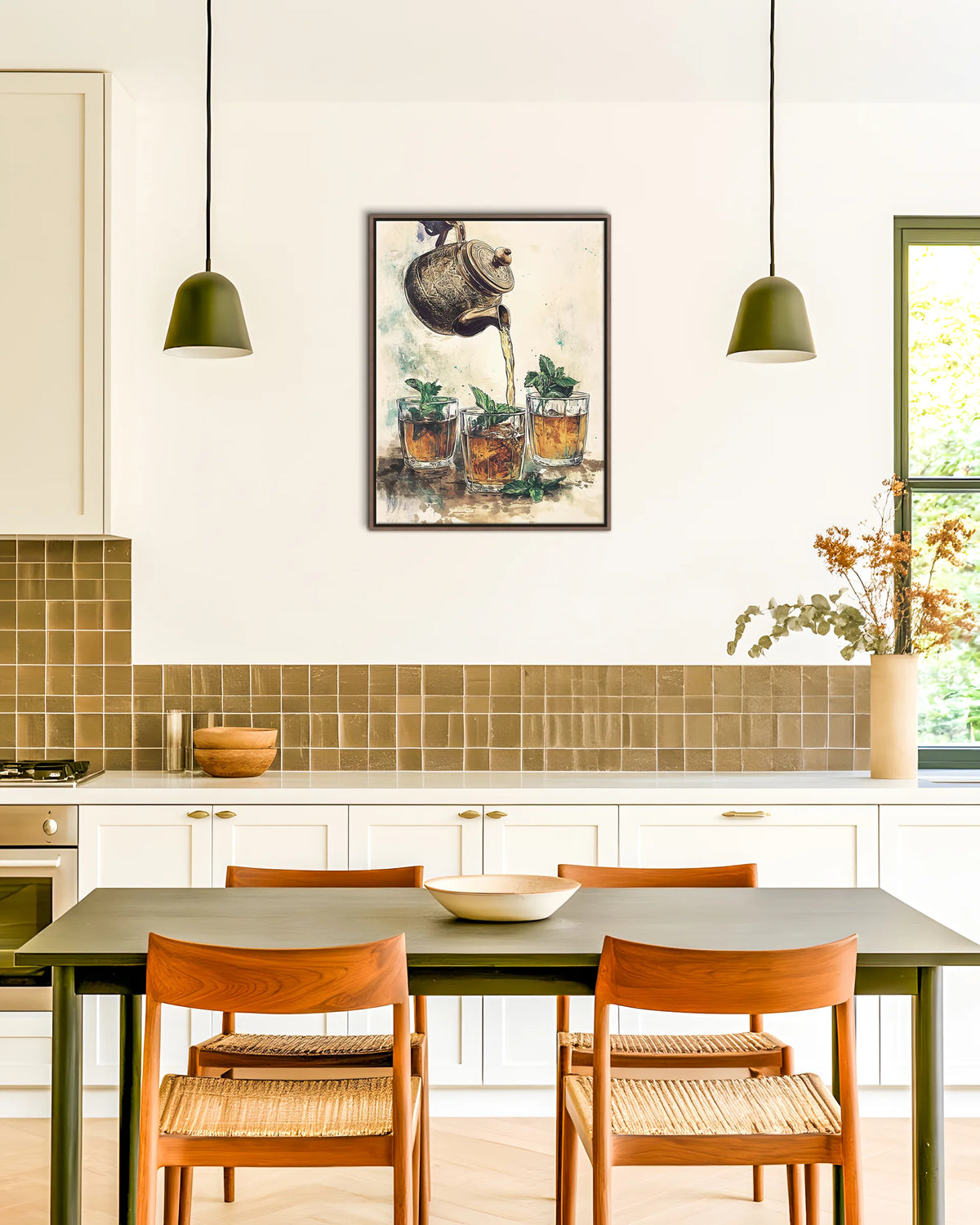 Atay – Watercolour Tea framed canvas print, ambiance shot in a styled interior