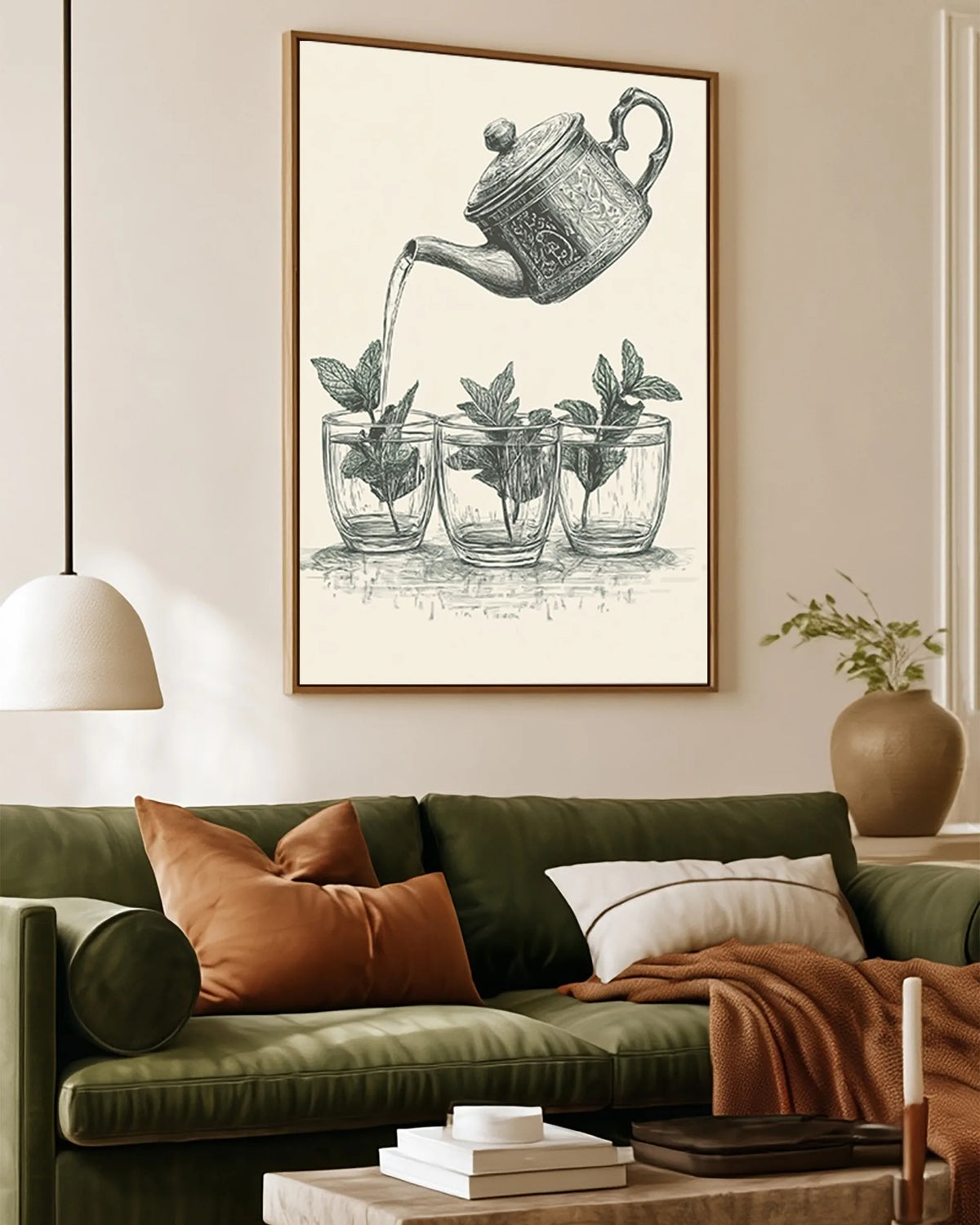 Atay – Vintage Sketch Tea framed canvas print, ambiance shot in a styled interior