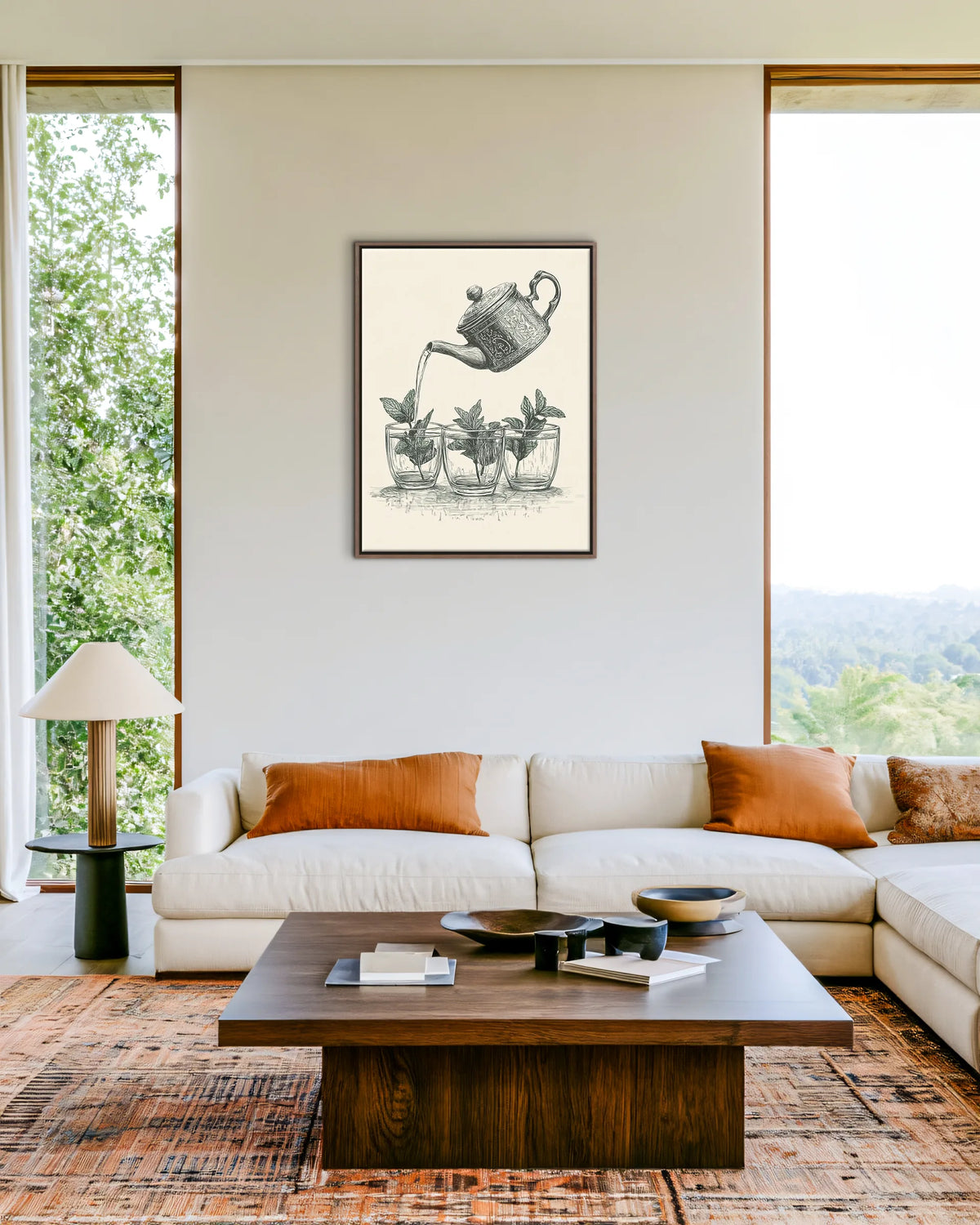 Atay – Vintage Sketch Tea framed canvas print, ambiance shot in a styled interior