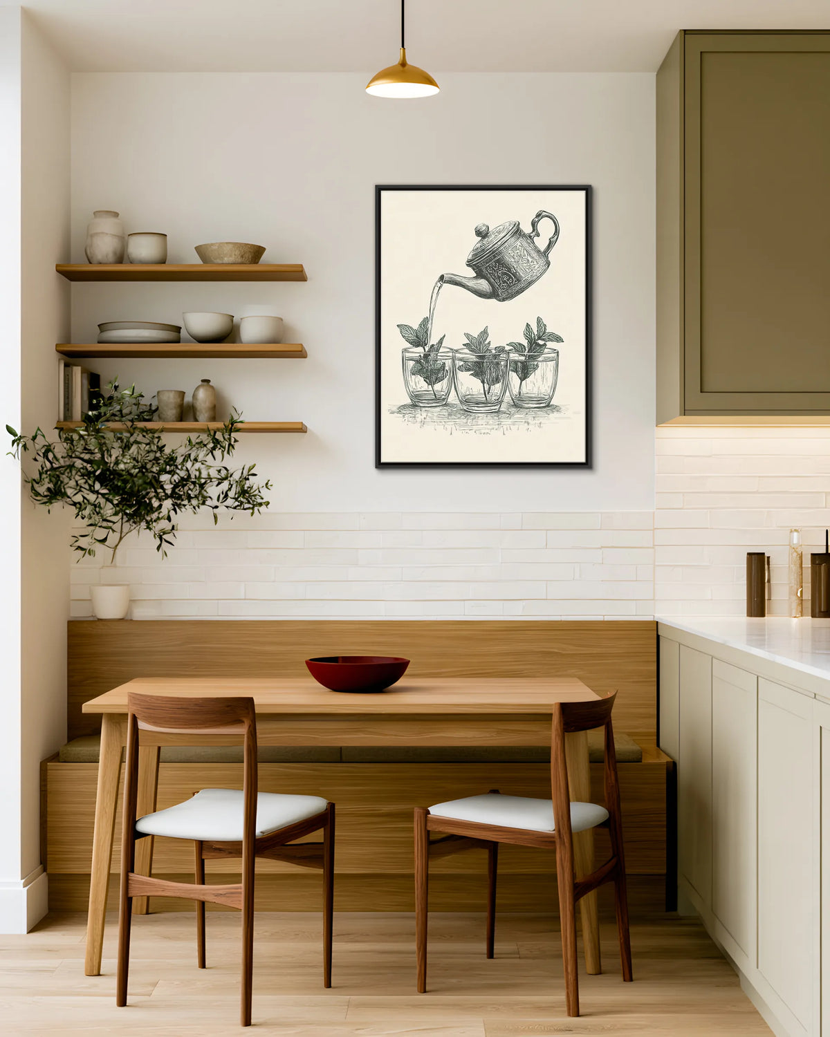 Atay – Vintage Sketch Tea framed canvas print, ambiance shot in a styled interior