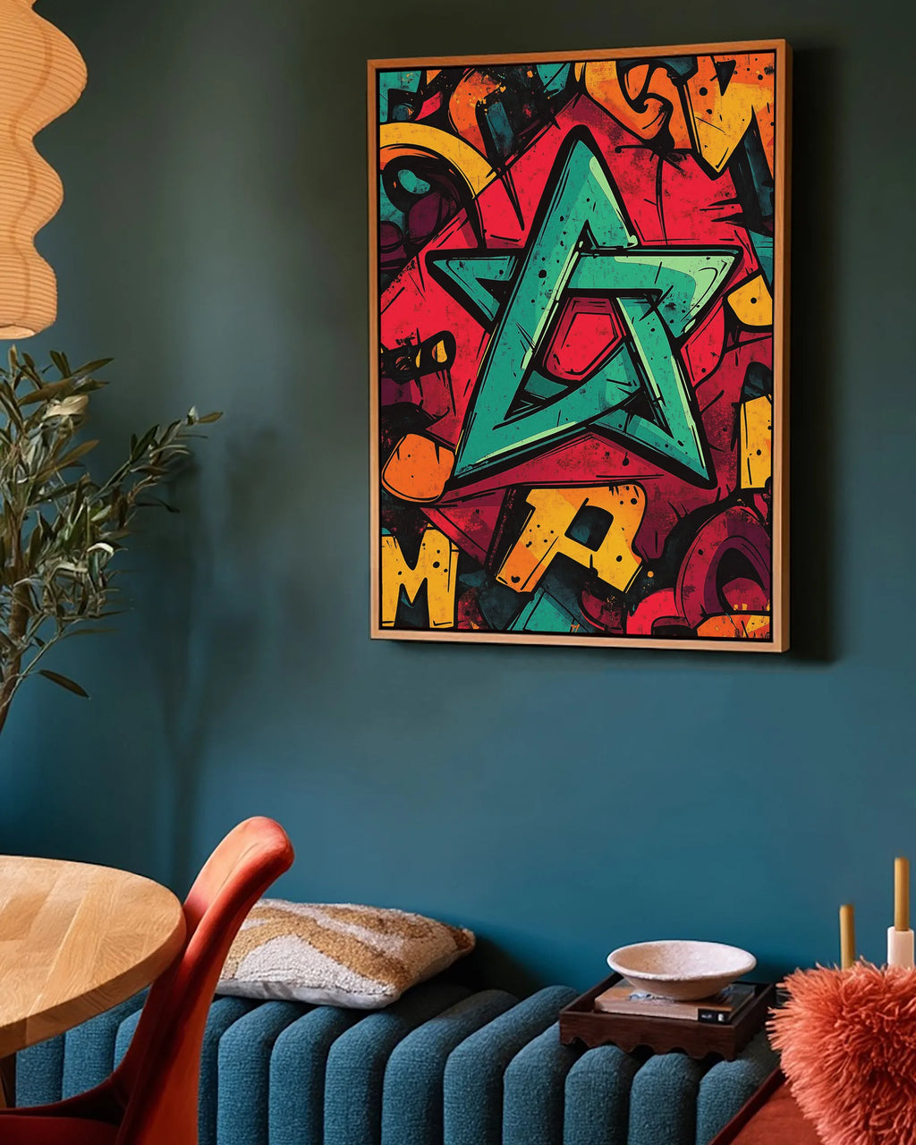 Flag – Star Graffiti Pop framed canvas print, ambiance shot in a styled interior