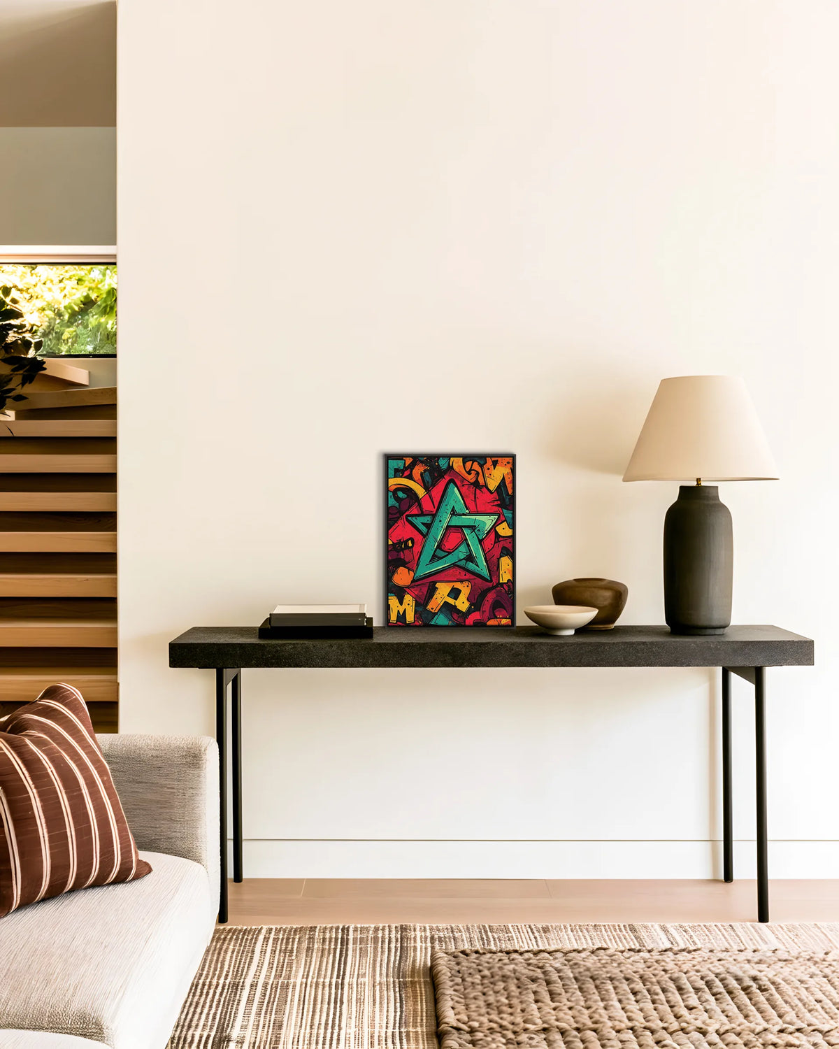 Flag – Star Graffiti Pop framed canvas print, ambiance shot in a styled interior