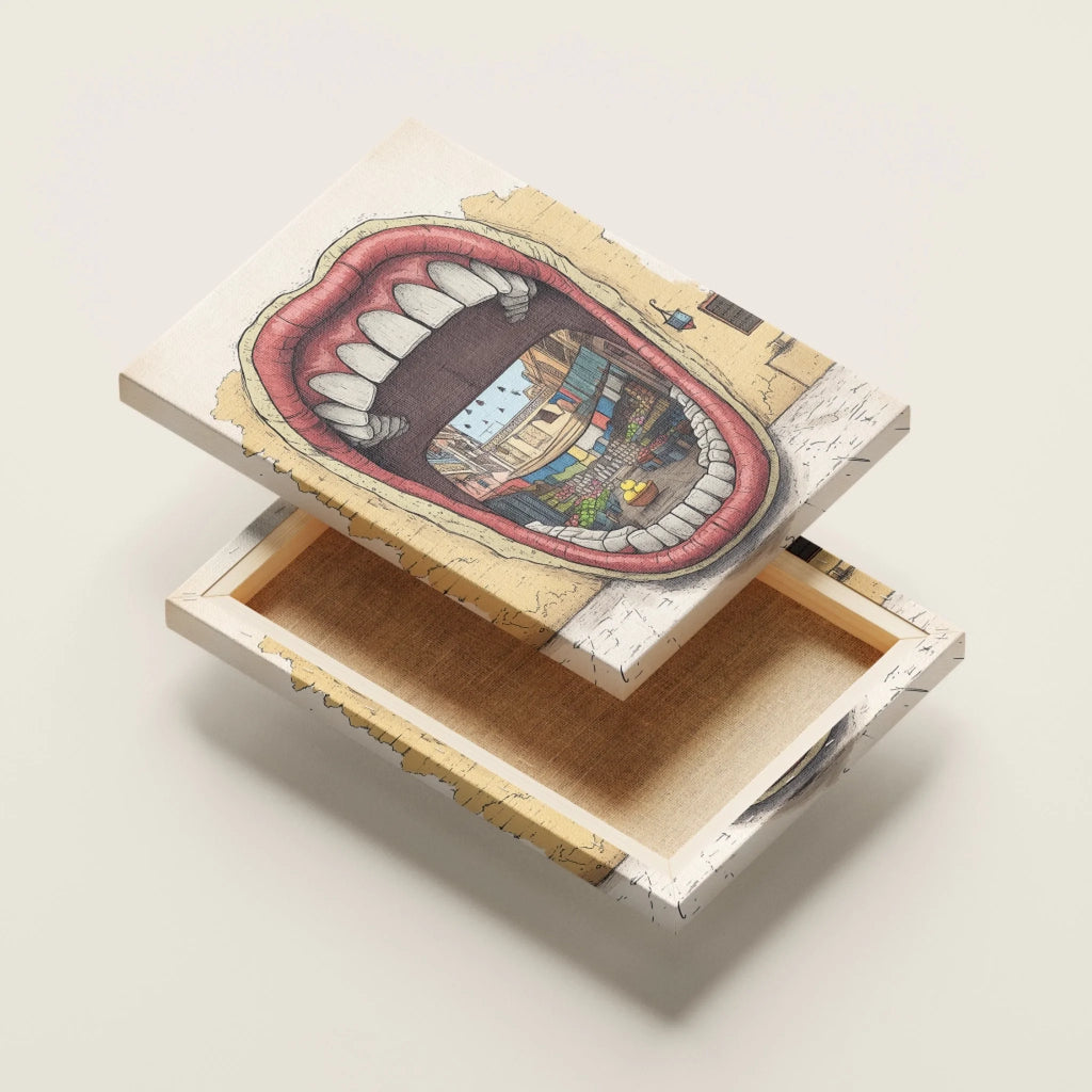 High-resolution visual of the Dkhol Souk Rask – Mind your own market wall art, shown either in a stylish interior setting or as a detailed product mockup.