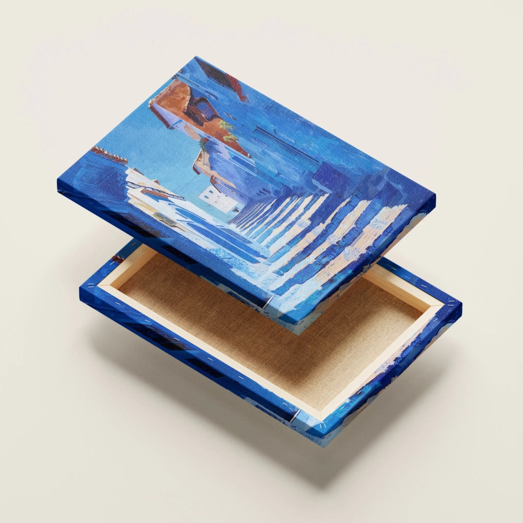High-resolution visual of the Chefchaouen wall art, shown either in a stylish interior setting or as a detailed product mockup.