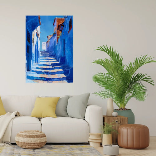 High-resolution visual of the Chefchaouen wall art, shown either in a stylish interior setting or as a detailed product mockup.