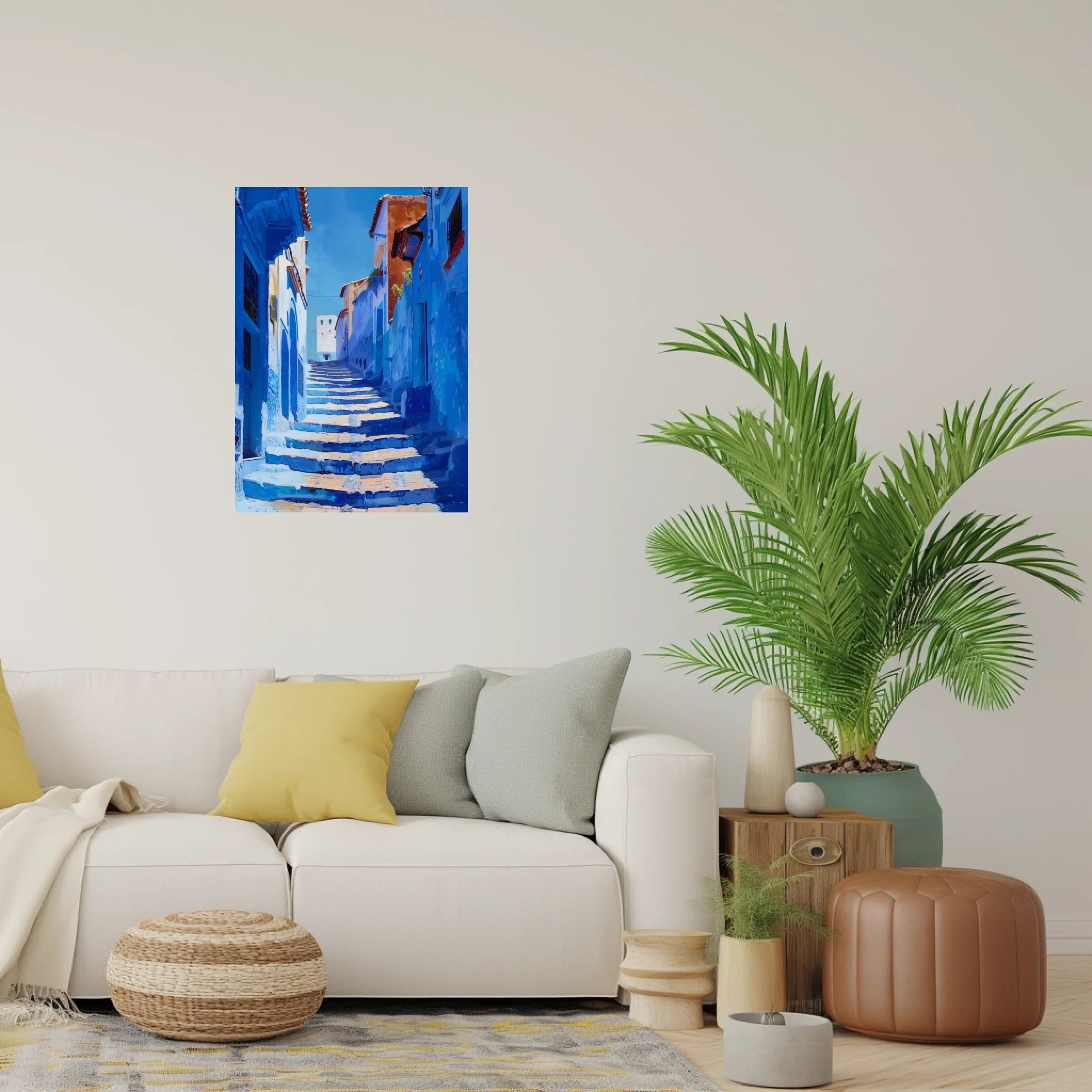 High-resolution visual of the Chefchaouen wall art, shown either in a stylish interior setting or as a detailed product mockup.