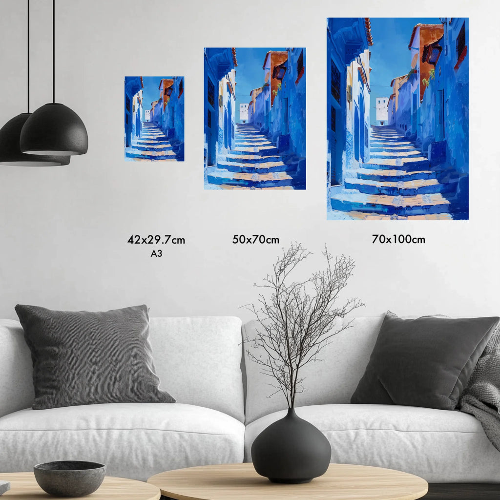 High-resolution visual of the Chefchaouen wall art, shown either in a stylish interior setting or as a detailed product mockup.