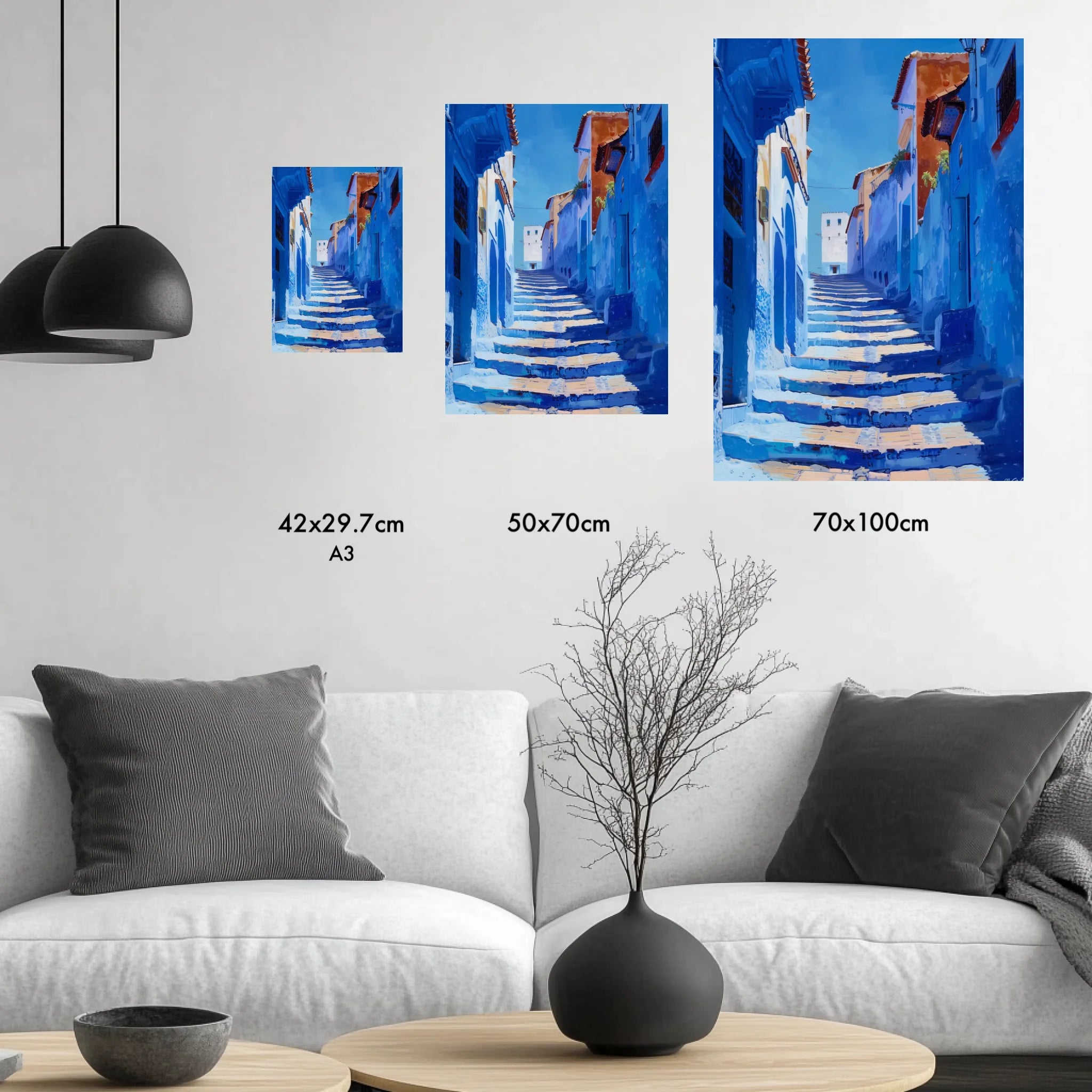 High-resolution visual of the Chefchaouen wall art, shown either in a stylish interior setting or as a detailed product mockup.