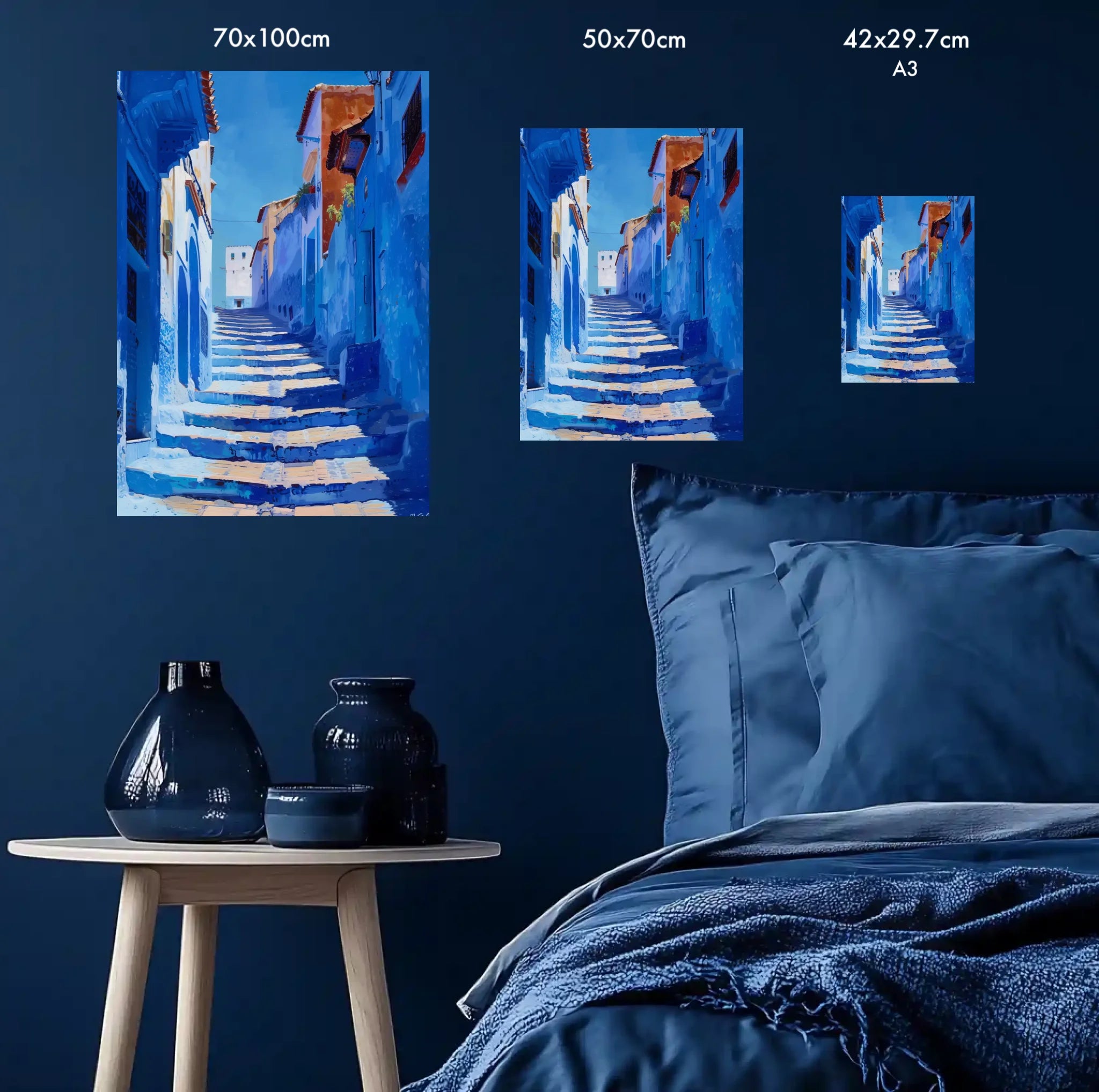 High-resolution visual of the Chefchaouen wall art, shown either in a stylish interior setting or as a detailed product mockup.