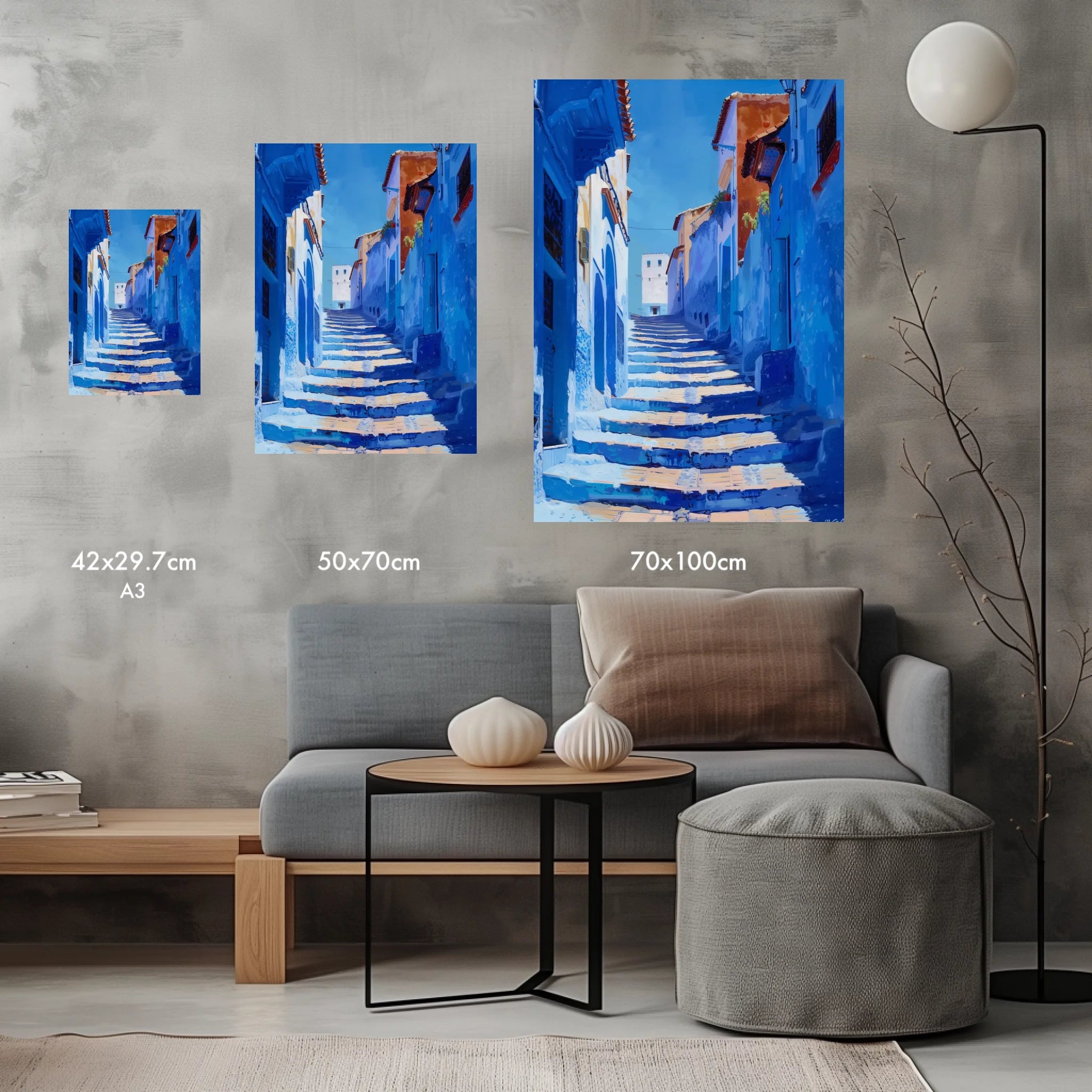 High-resolution visual of the Chefchaouen wall art, shown either in a stylish interior setting or as a detailed product mockup.