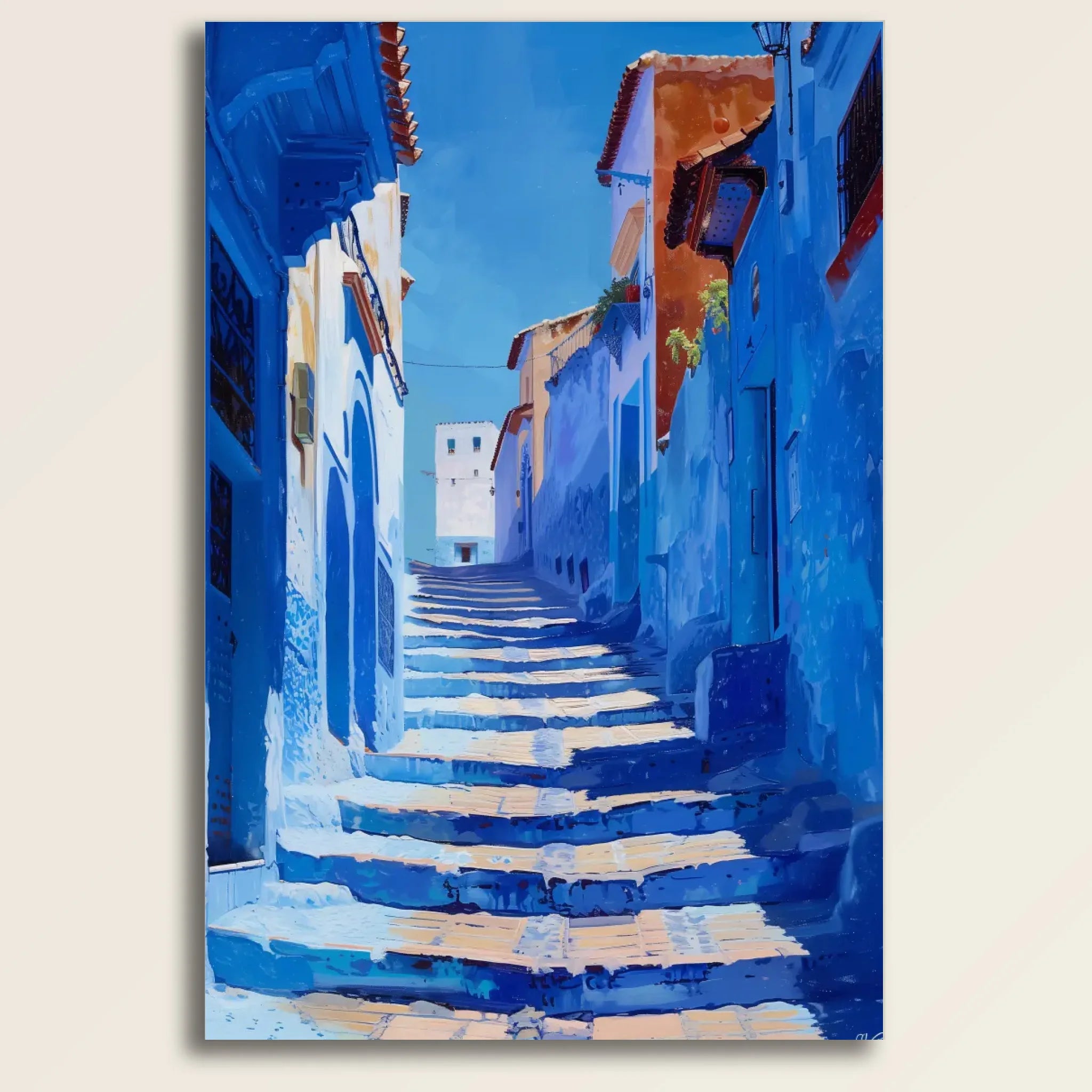 High-resolution visual of the Chefchaouen wall art, shown either in a stylish interior setting or as a detailed product mockup.