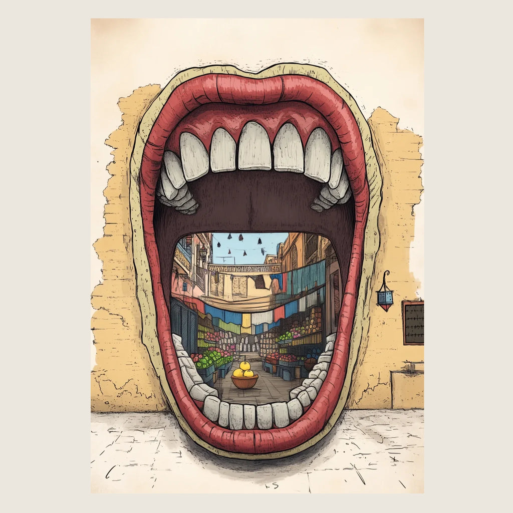 High-resolution visual of the Dkhol Souk Rask – Mind your own market wall art, shown either in a stylish interior setting or as a detailed product mockup.