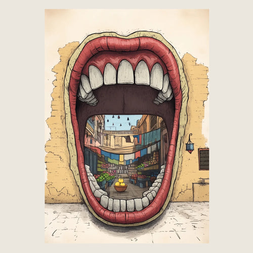 High-resolution visual of the Dkhol Souk Rask – Mind your own market wall art, shown either in a stylish interior setting or as a detailed product mockup.