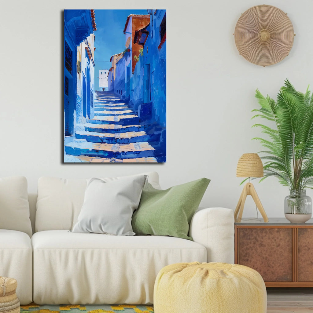 High-resolution visual of the Chefchaouen wall art, shown either in a stylish interior setting or as a detailed product mockup.