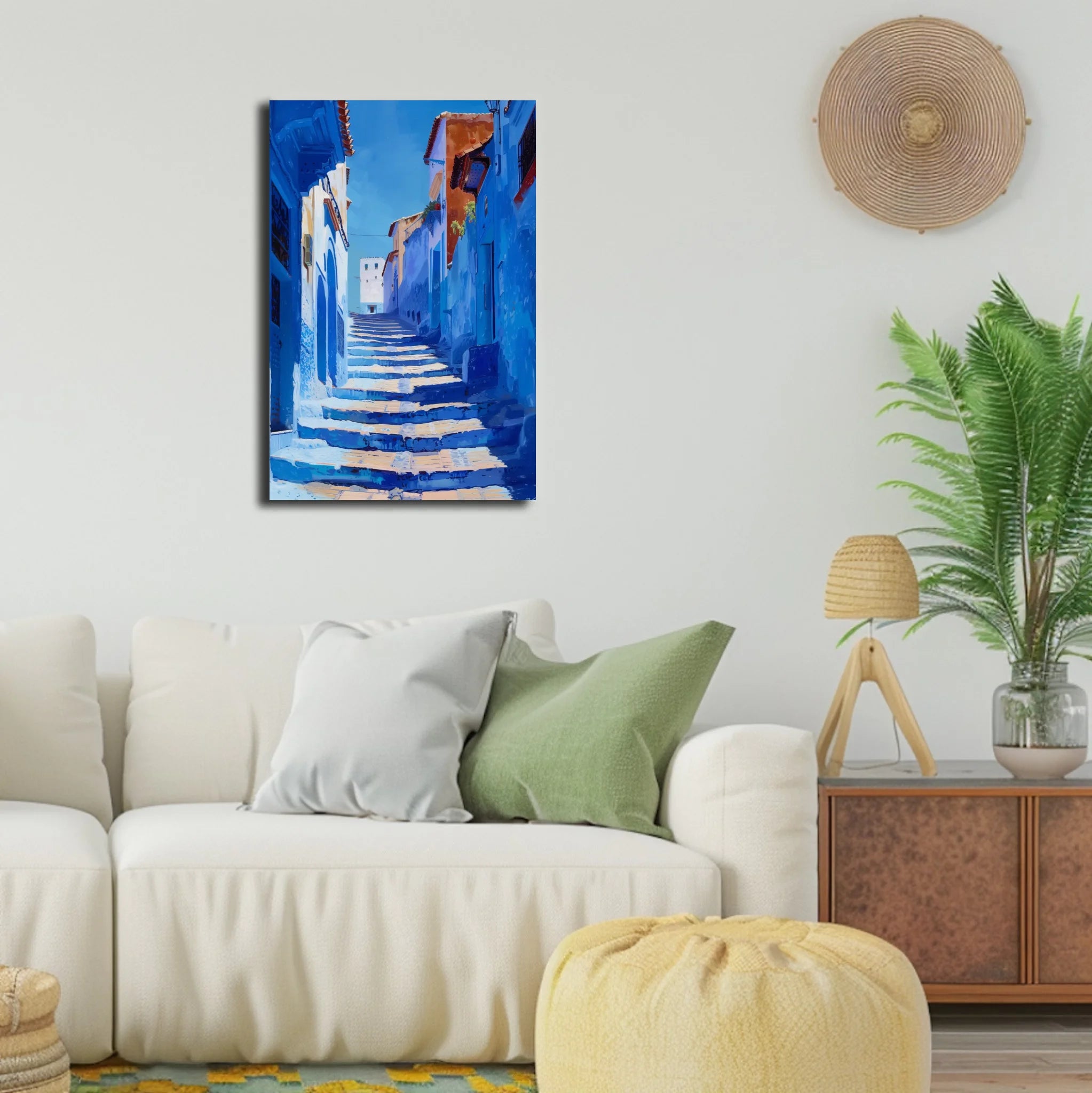 High-resolution visual of the Chefchaouen wall art, shown either in a stylish interior setting or as a detailed product mockup.