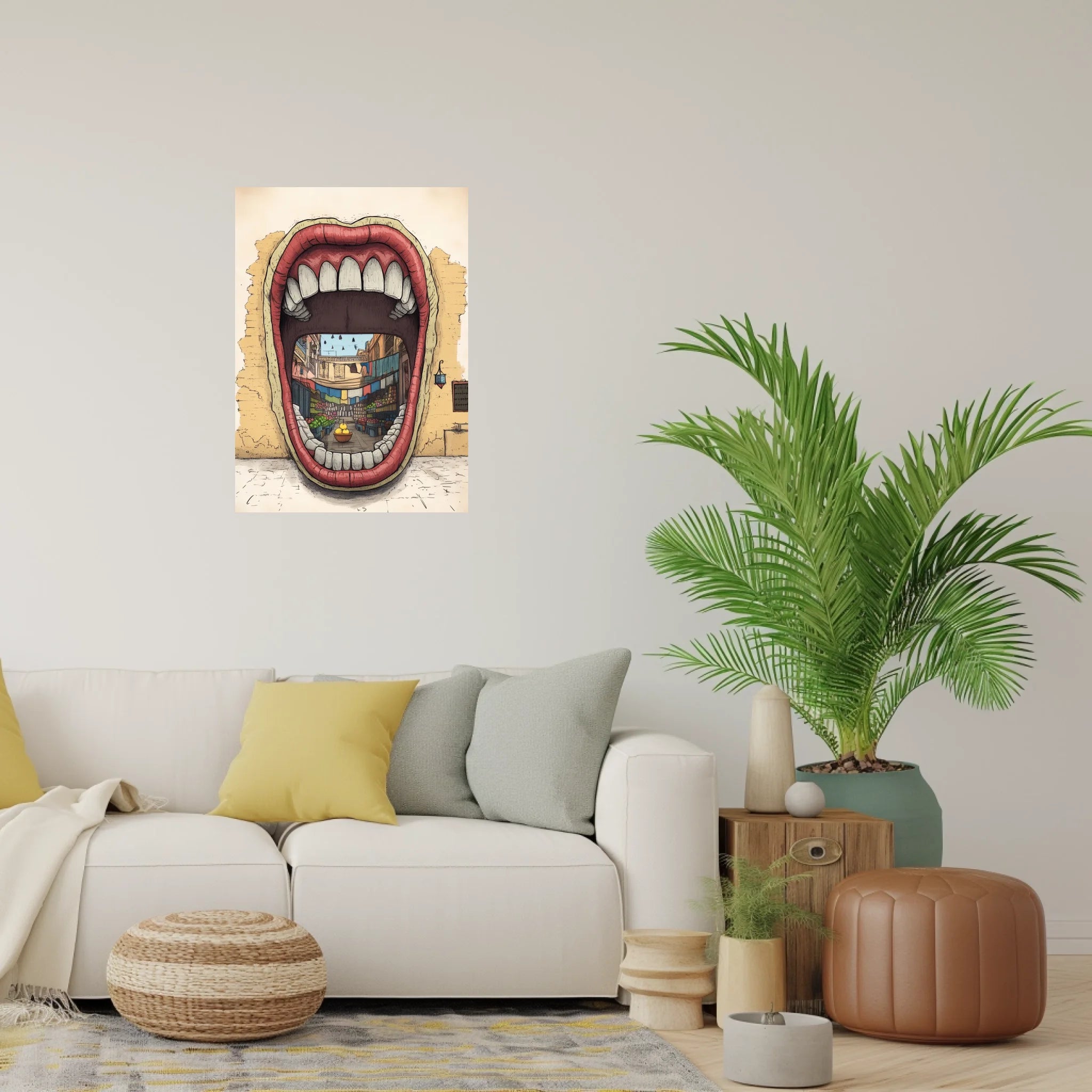High-resolution visual of the Dkhol Souk Rask – Mind your own market wall art, shown either in a stylish interior setting or as a detailed product mockup.