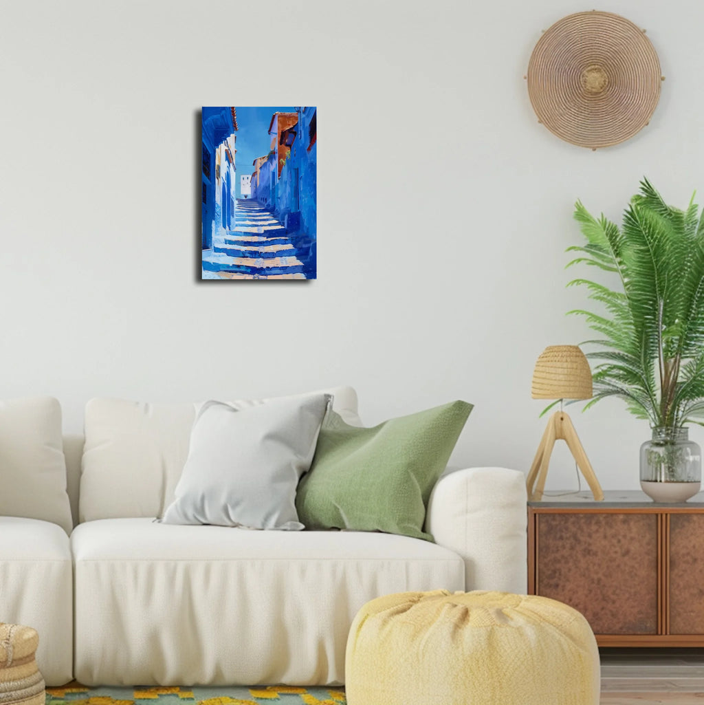 High-resolution visual of the Chefchaouen wall art, shown either in a stylish interior setting or as a detailed product mockup.