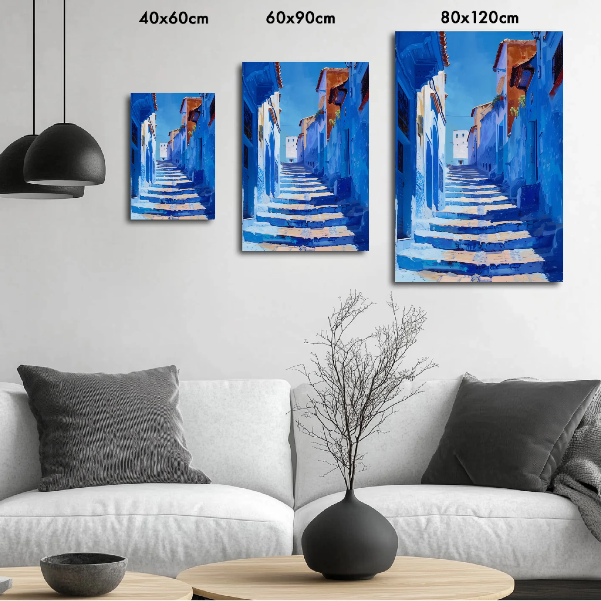 High-resolution visual of the Chefchaouen wall art, shown either in a stylish interior setting or as a detailed product mockup.