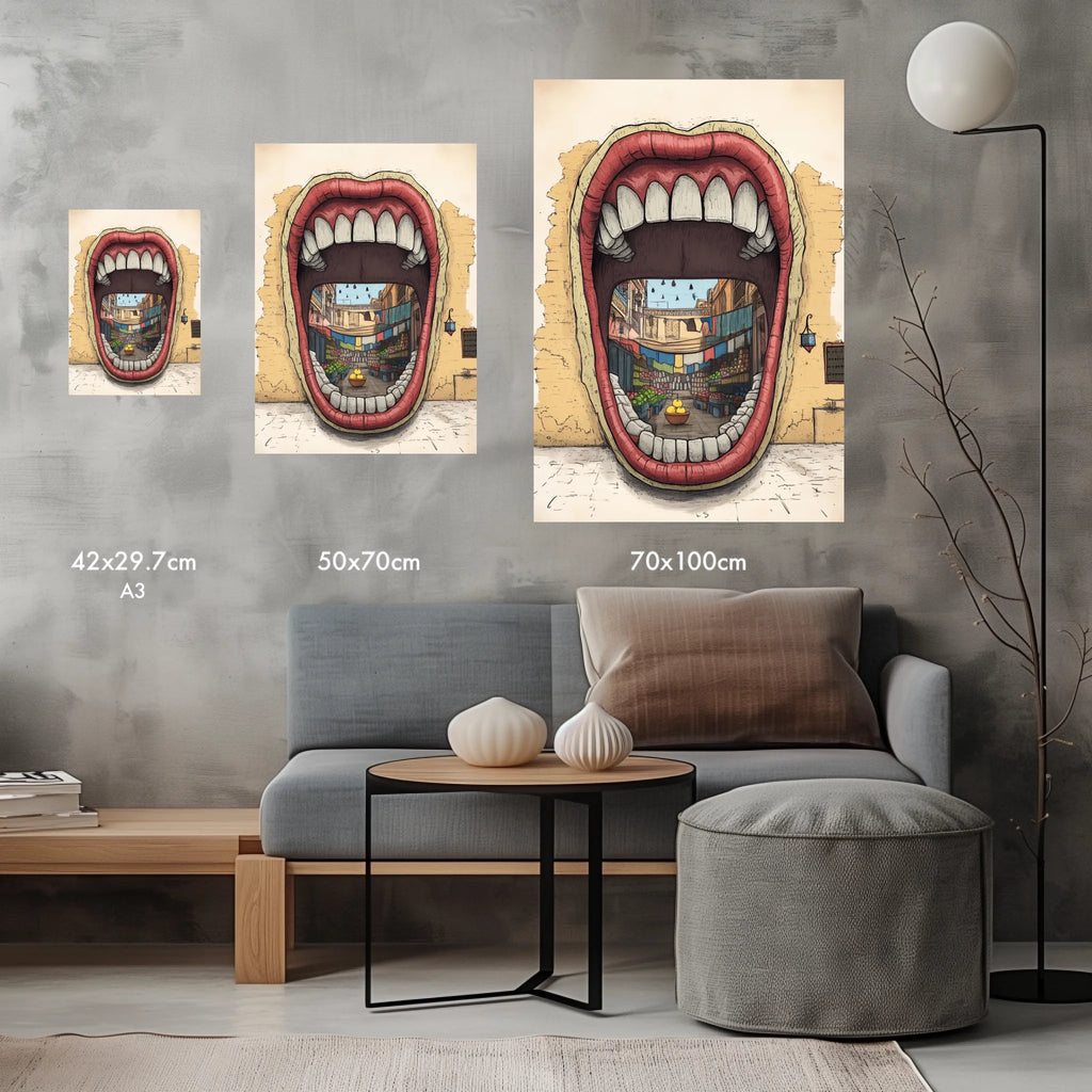 High-resolution visual of the Dkhol Souk Rask – Mind your own market wall art, shown either in a stylish interior setting or as a detailed product mockup.