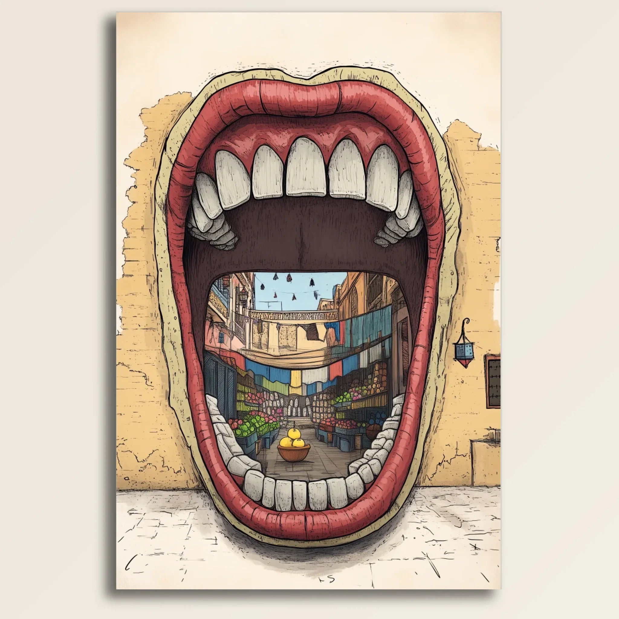 High-resolution visual of the Dkhol Souk Rask – Mind your own market wall art, shown either in a stylish interior setting or as a detailed product mockup.