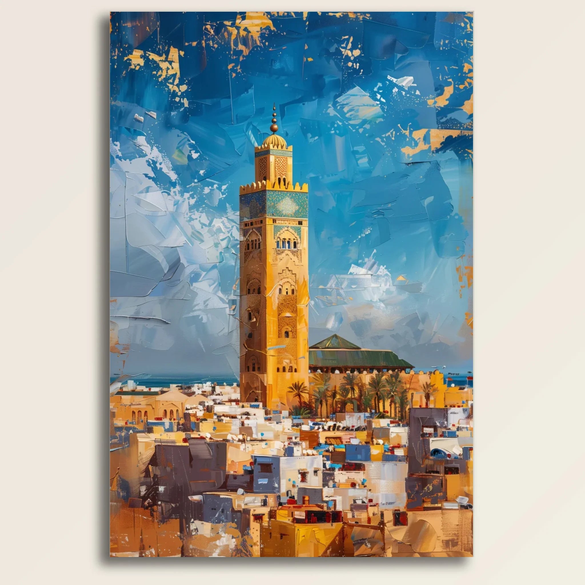 Isolated, high-resolution canvas print mockup of Casablanca on a minimalist grid background.