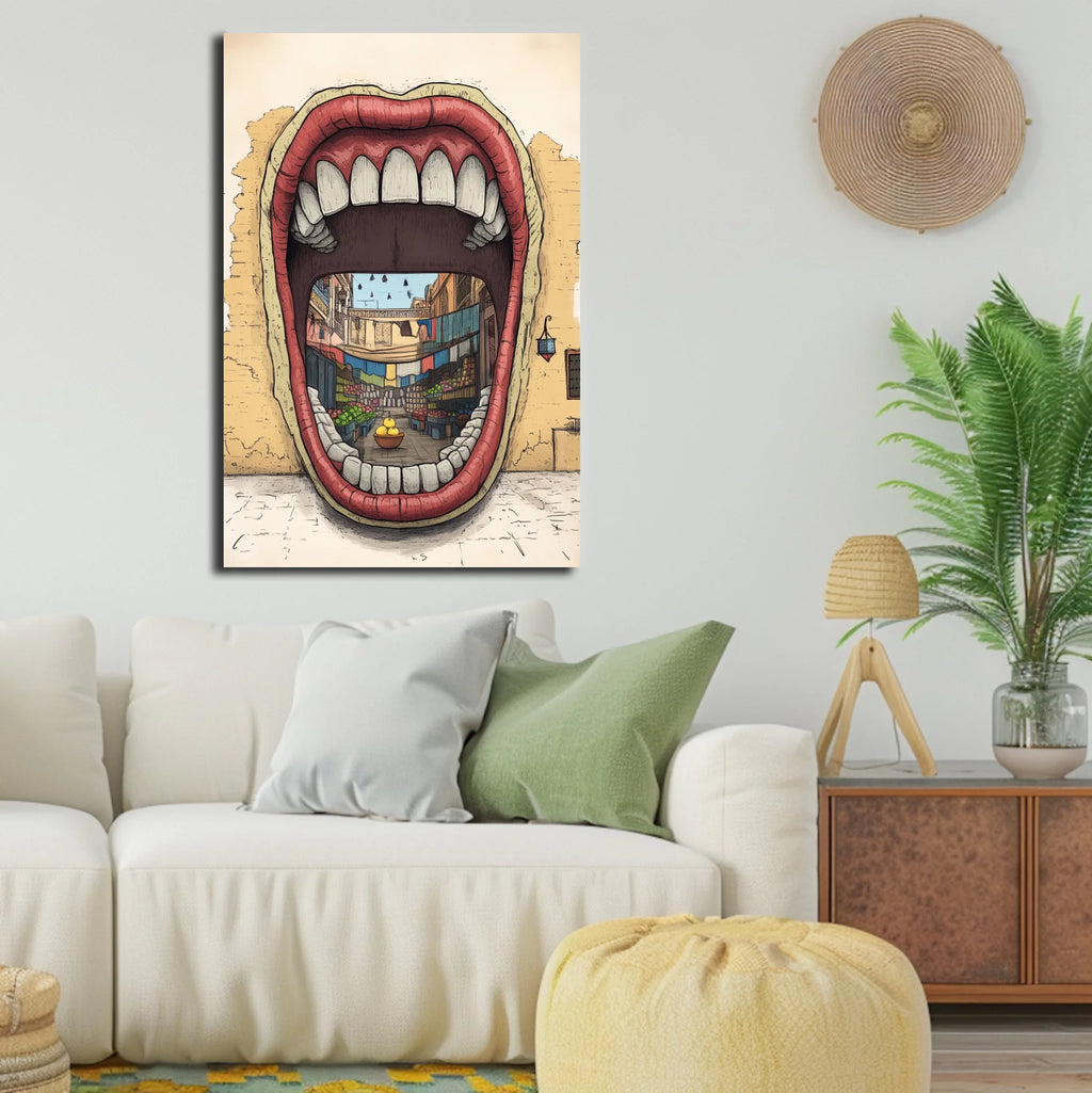 High-resolution visual of the Dkhol Souk Rask – Mind your own market wall art, shown either in a stylish interior setting or as a detailed product mockup.