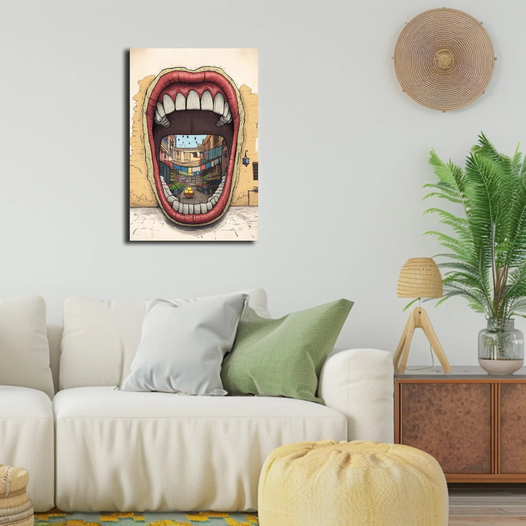 High-resolution visual of the Dkhol Souk Rask – Mind your own market wall art, shown either in a stylish interior setting or as a detailed product mockup.