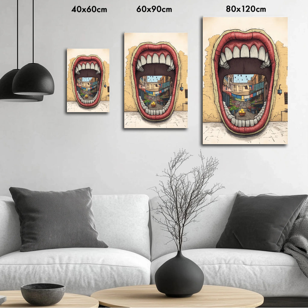 High-resolution visual of the Dkhol Souk Rask – Mind your own market wall art, shown either in a stylish interior setting or as a detailed product mockup.