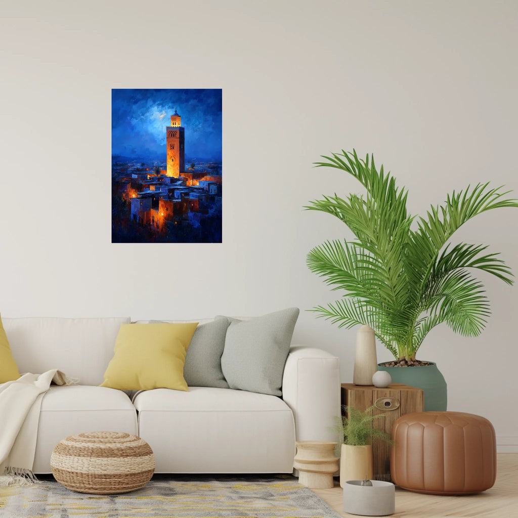 Modern, aesthetic living room setting featuring framed poster art, size 50x70 cm, mounted above a sofa with natural decor elements